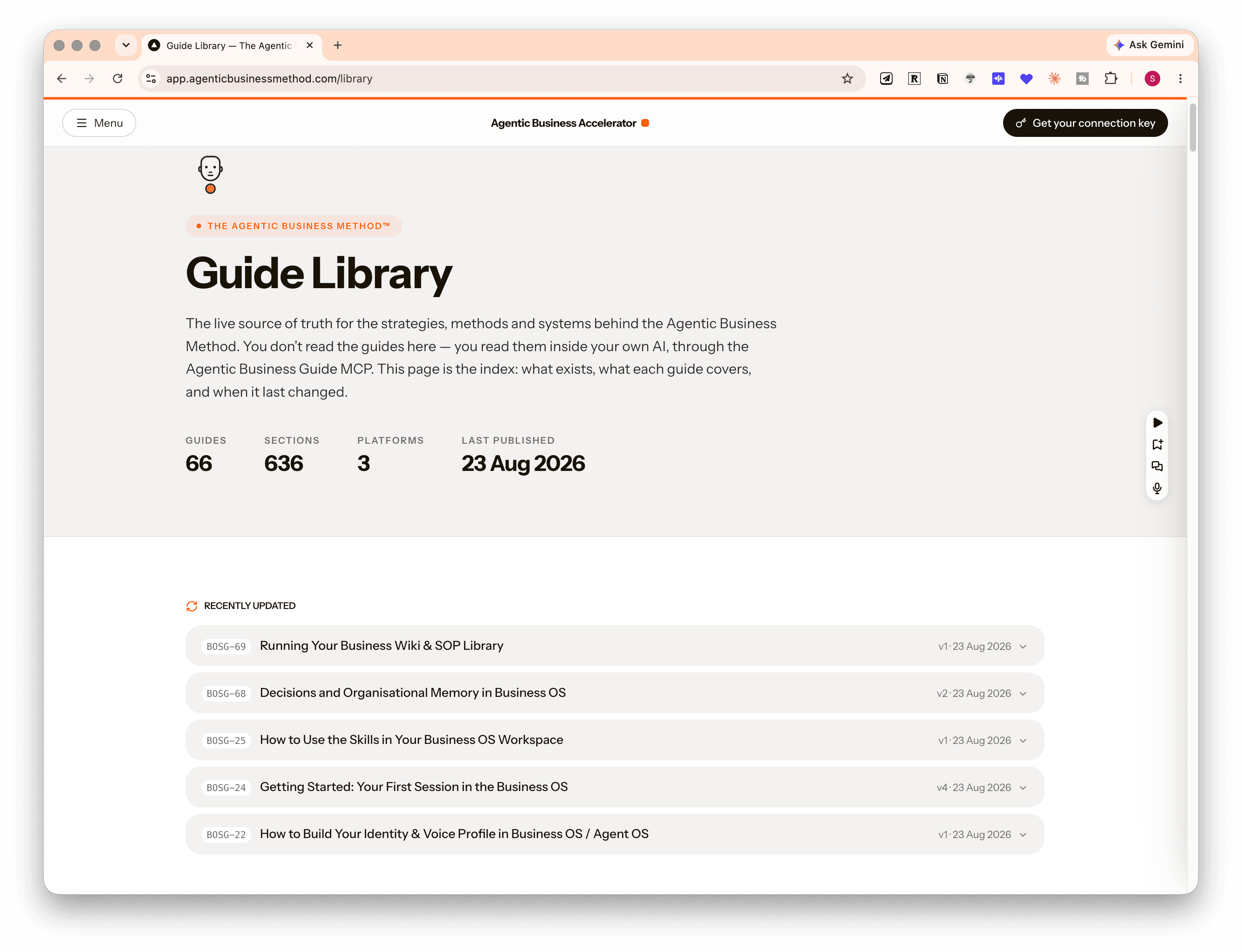 The Guide Library index at app.agenticbusinessmethod.com/library, showing 66 guides, 636 sections across 3 platforms, and the most recently updated guides.