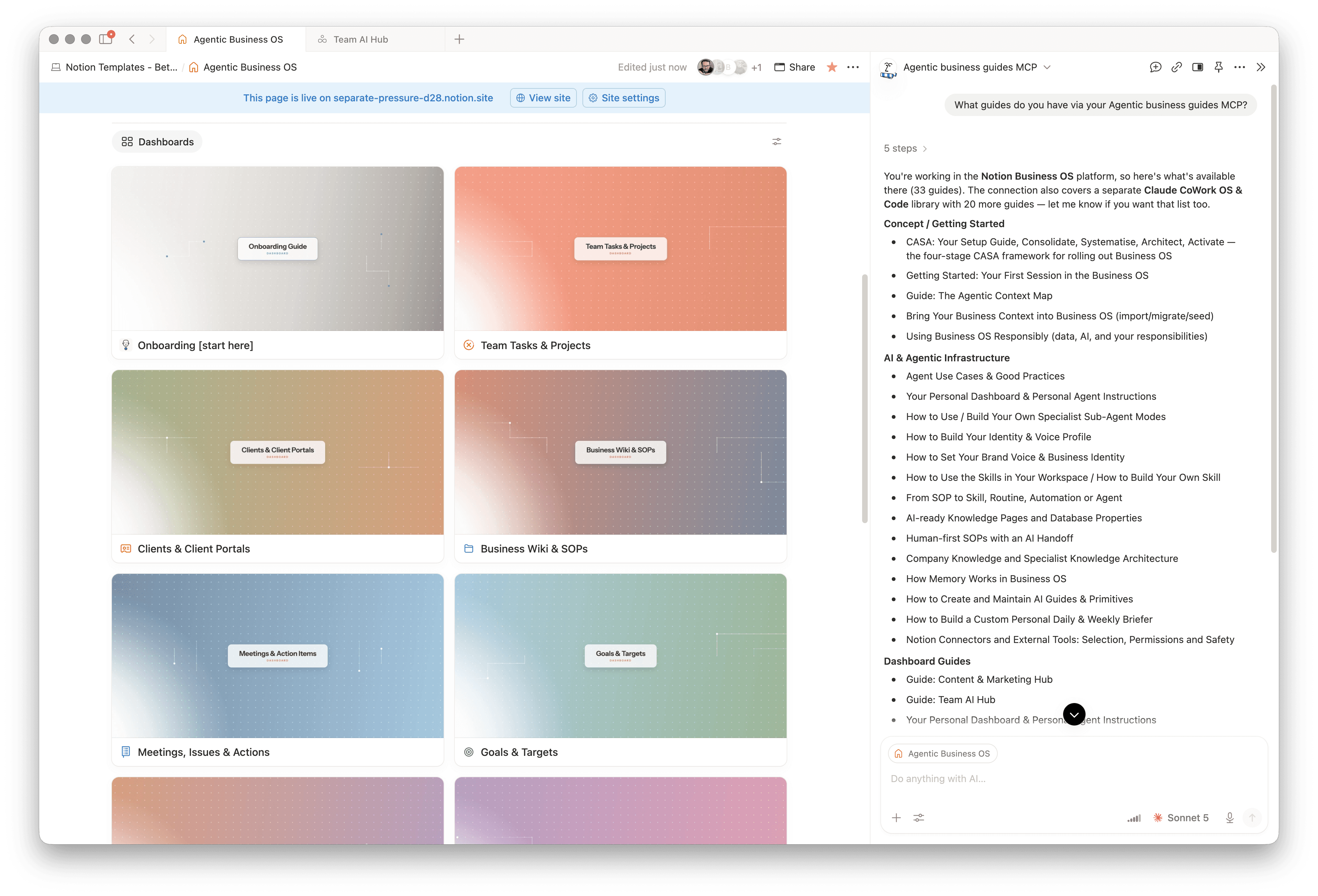 A Notion Agent asked what guides are available through the Agentic Business Guides MCP, answering with the list grouped into getting started, AI and agentic infrastructure, and dashboard guides.
