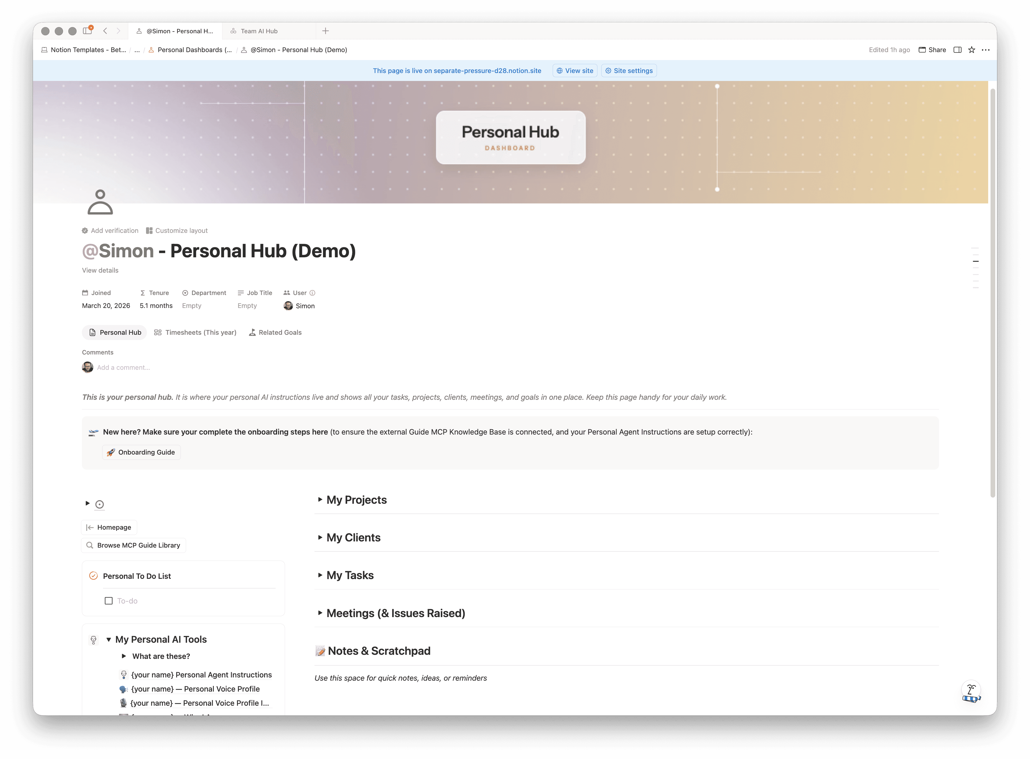 A personal hub page in Notion, with a personal to-do list, personal AI tools and sections for projects, clients, tasks and meetings.