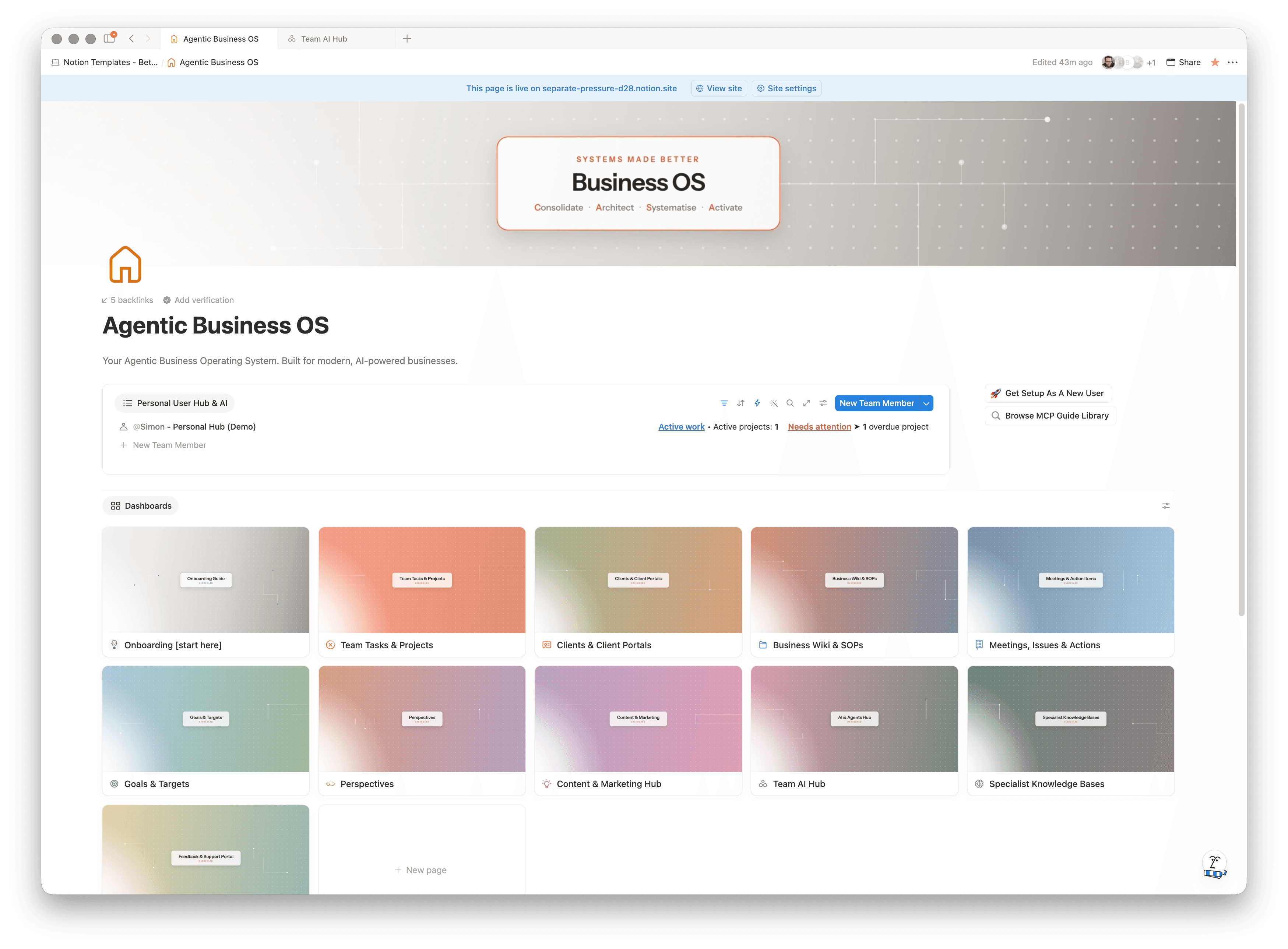The Business OS home page in Notion, showing dashboards for onboarding, team tasks, clients, the business wiki, meetings, goals, content and the Team AI Hub.